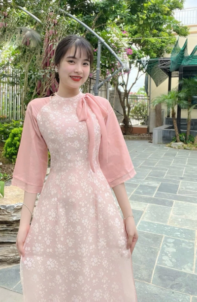 Áo dài cách tân nữ chất liệu tơ in hoa , tay phối 2 lớp cổ nơ tiểu thư ADT16