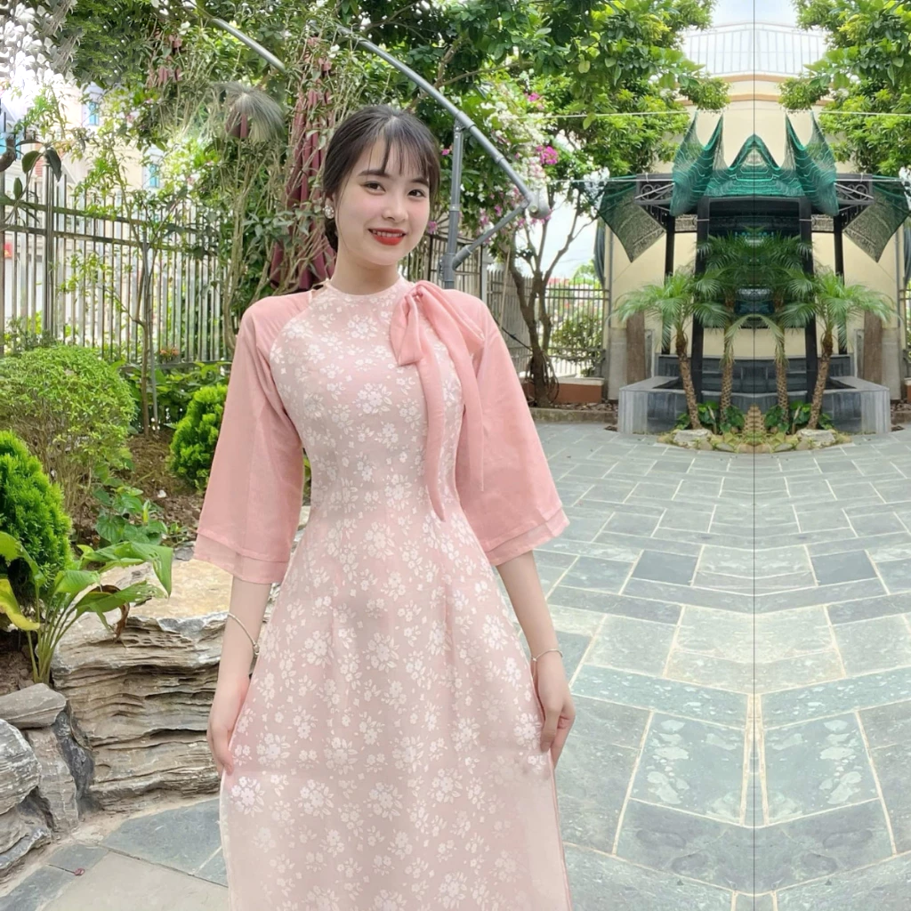 Áo dài cách tân nữ chất liệu tơ in hoa , tay phối 2 lớp cổ nơ tiểu thư ADT16