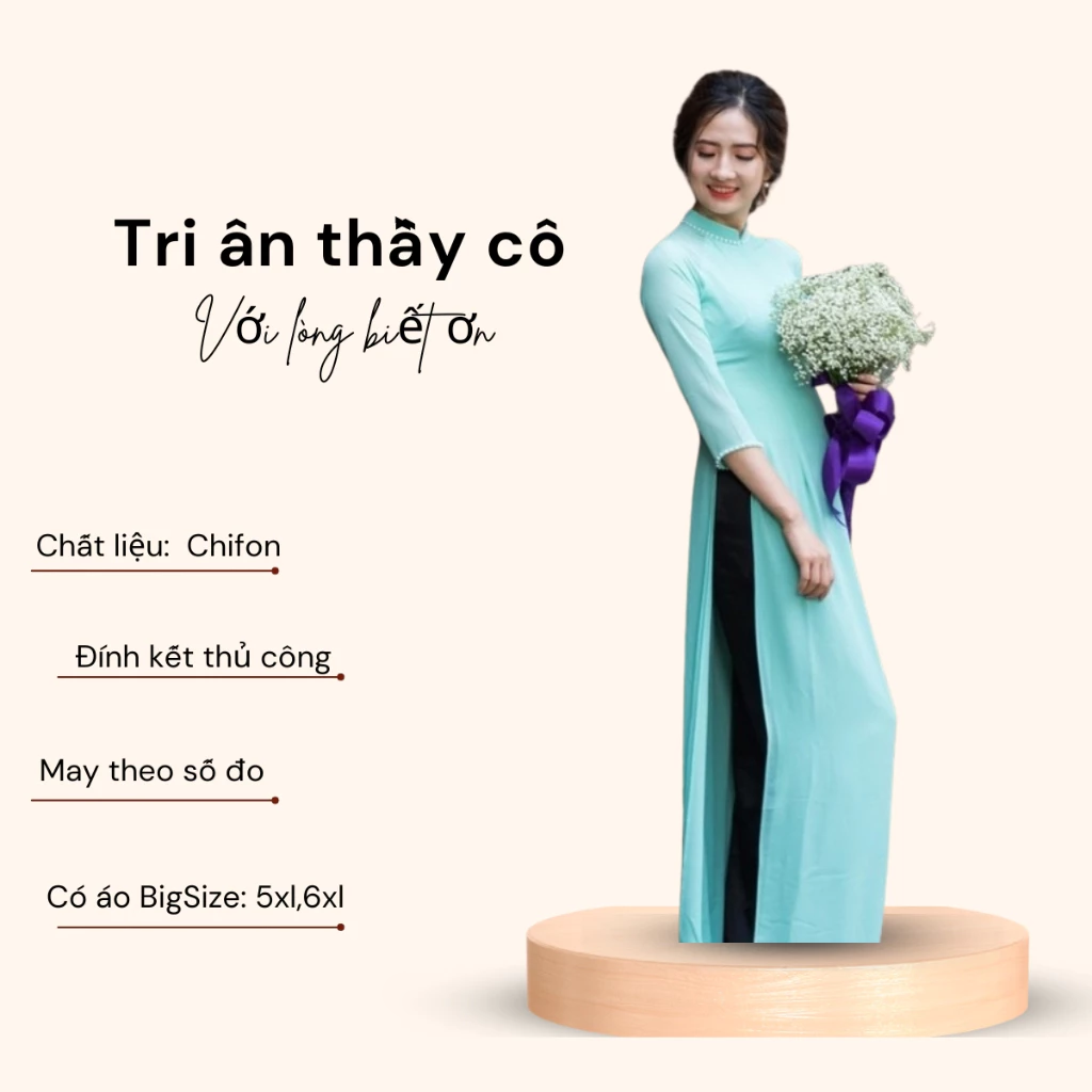 Áo Dài Truyền Thống - Áo Dài Trơn Chất Liệu Chiffon Màu Xanh Ngọc ADV12