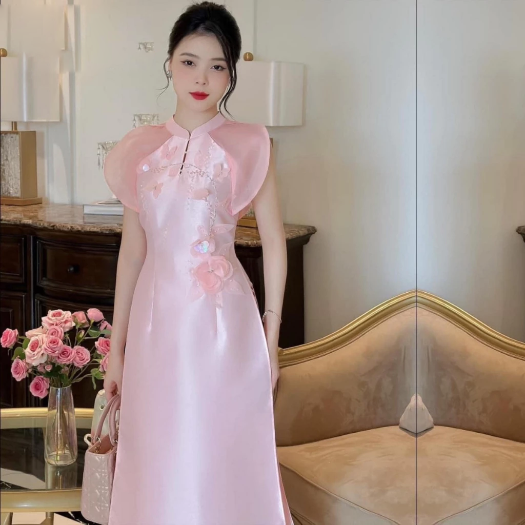 Áo dài cách tân nữ màu hồng cánh tiên CT01 có bigsize - Ảnh 2
