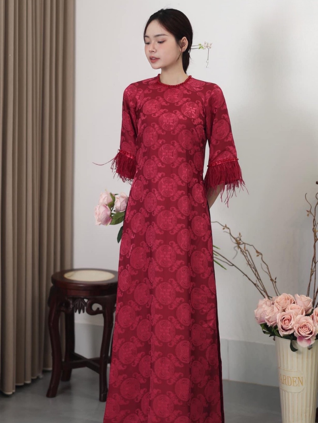 Áo Dài Gấm Lụa Thọ Dơi Bạch Liên Tay Lỡ Phối Lông Form Suông Hàng May Sẵn ADT03 - Ảnh 3