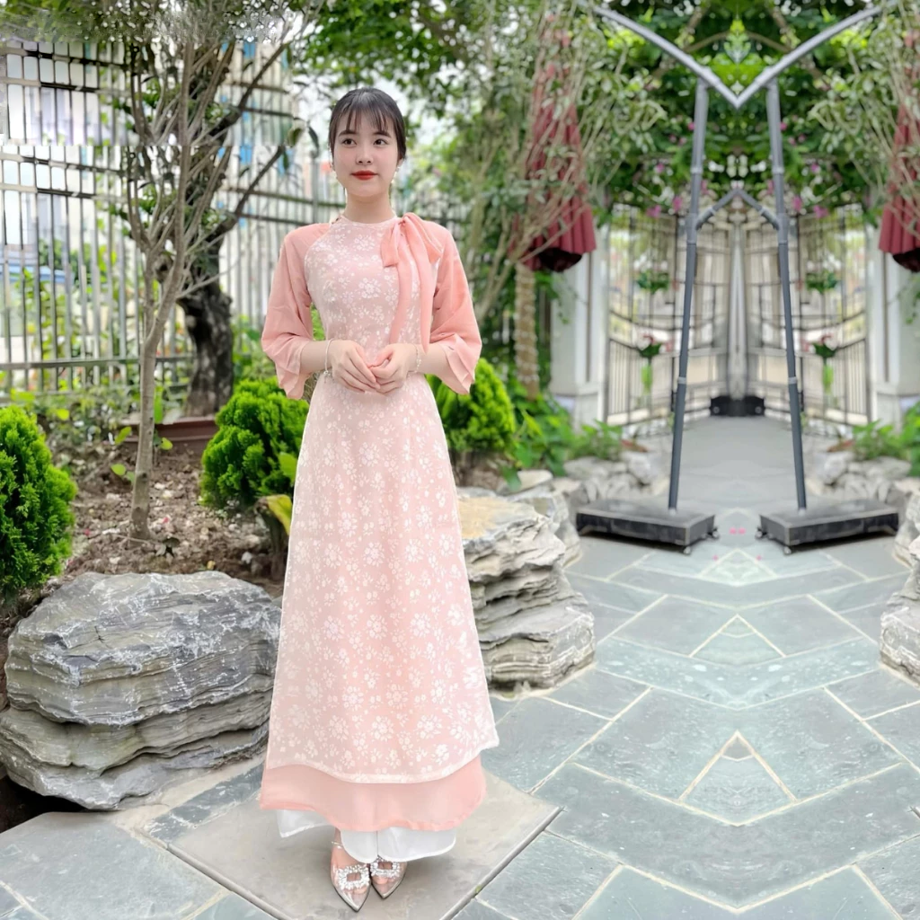 Áo dài cách tân nữ chất liệu tơ in hoa , tay phối 2 lớp cổ nơ tiểu thư ADT16 - Ảnh 3