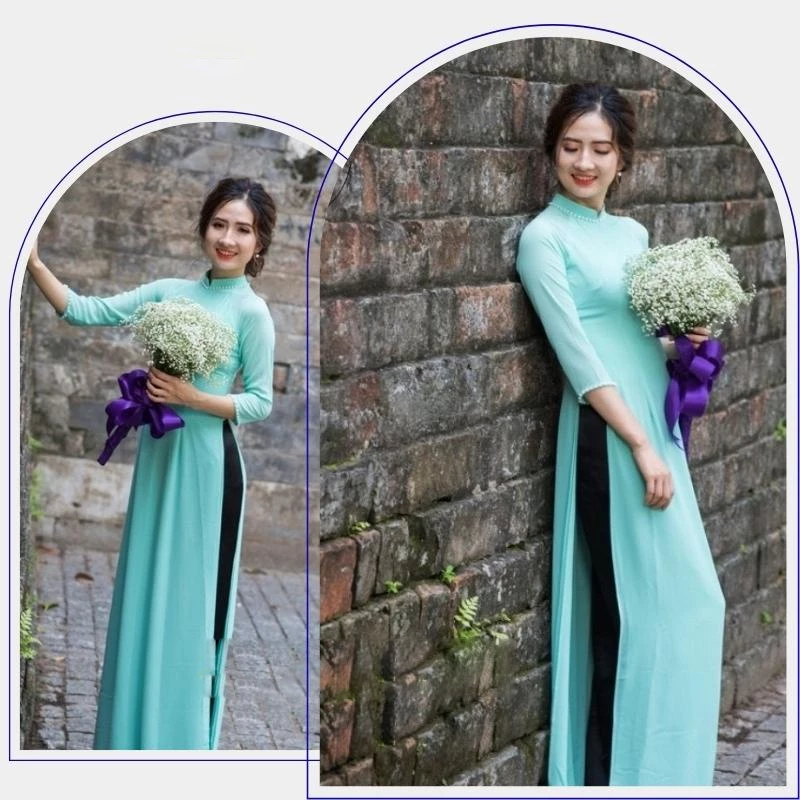 Áo Dài Truyền Thống - Áo Dài Trơn Chất Liệu Chiffon Màu Xanh Ngọc ADV12 - Ảnh 2