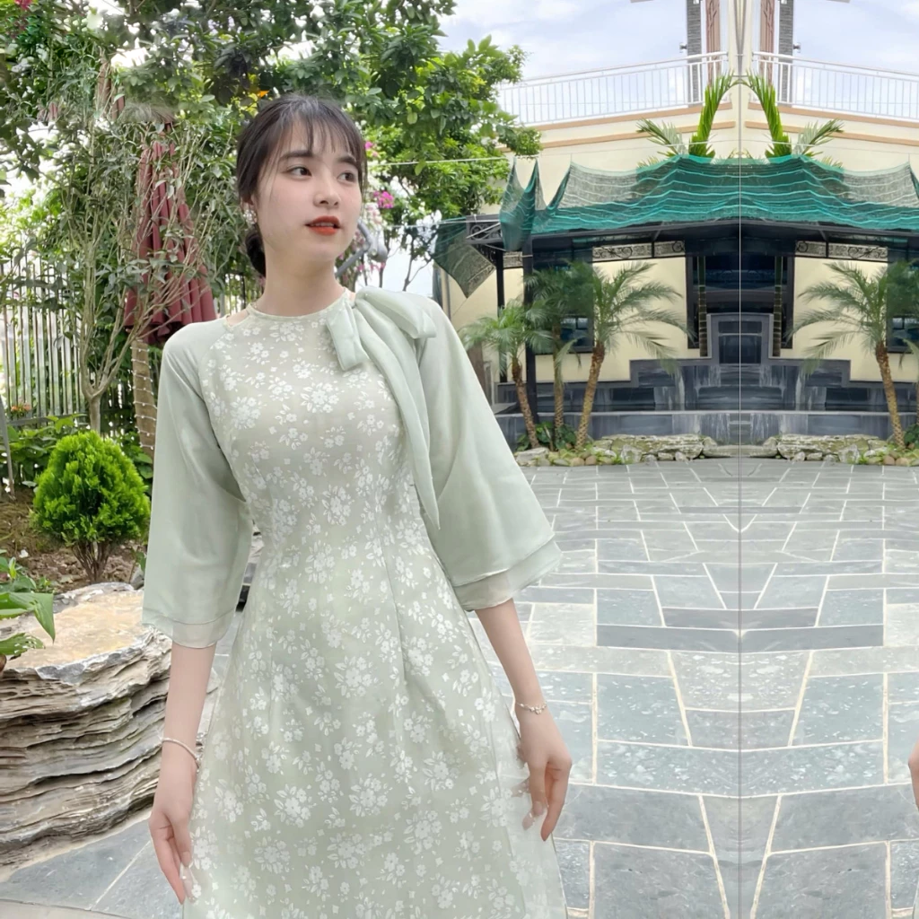 Áo dài cách tân nữ chất liệu tơ in hoa , tay phối 2 lớp cổ nơ tiểu thư ADT16 - Ảnh 4