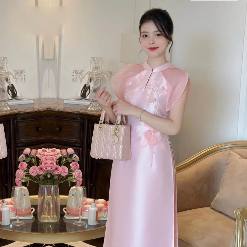 Áo dài cách tân nữ màu hồng cánh tiên CT01 có bigsize - Ảnh 4