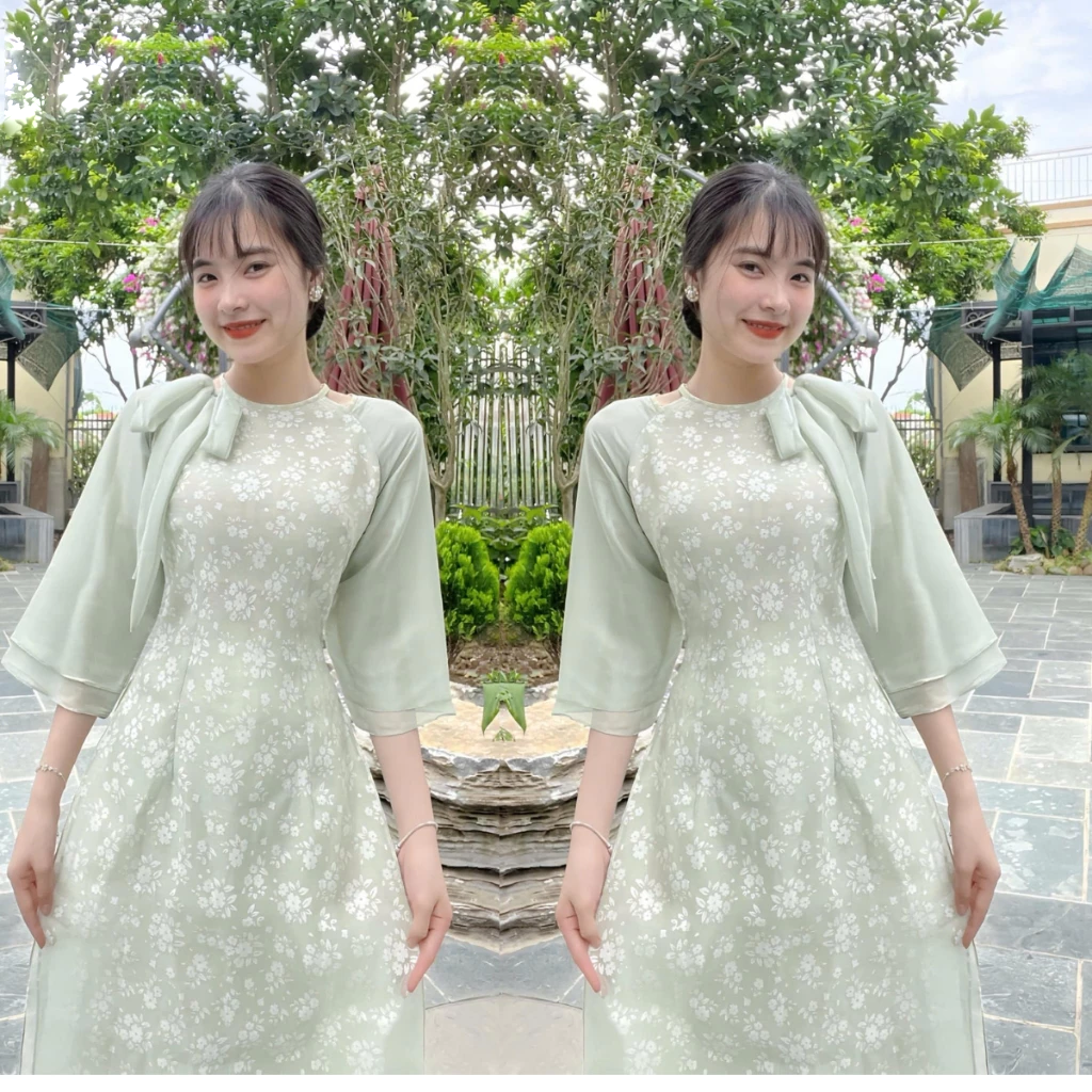Áo dài cách tân nữ chất liệu tơ in hoa , tay phối 2 lớp cổ nơ tiểu thư ADT16 - Ảnh 5