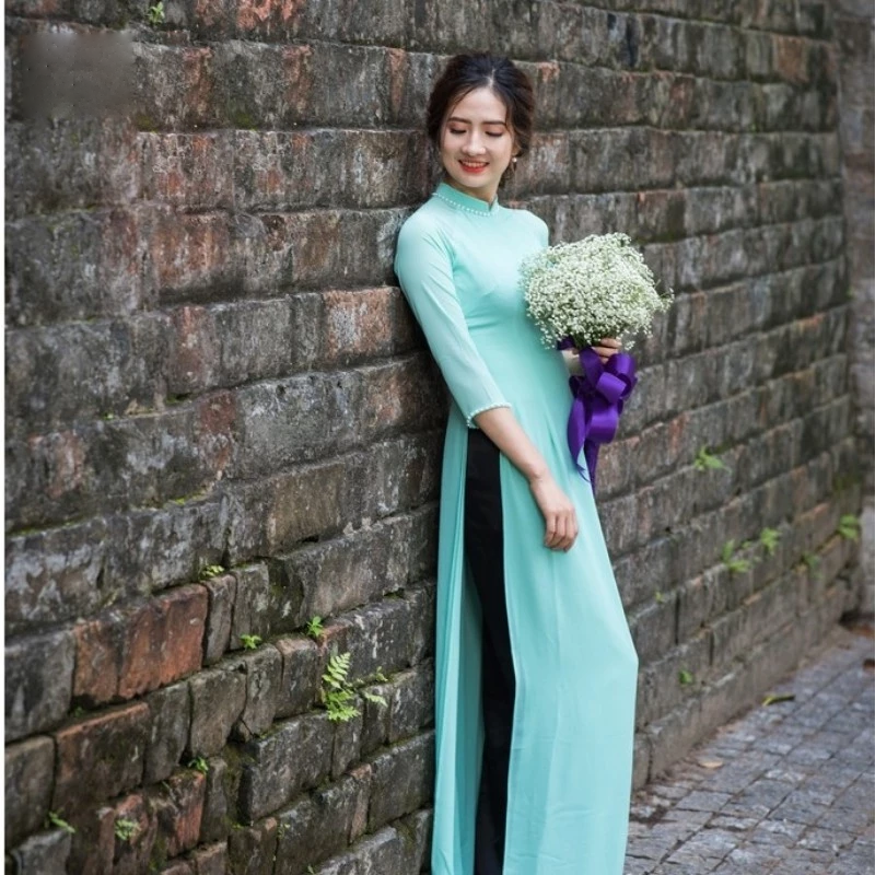 Áo Dài Truyền Thống - Áo Dài Trơn Chất Liệu Chiffon Màu Xanh Ngọc ADV12 - Ảnh 4