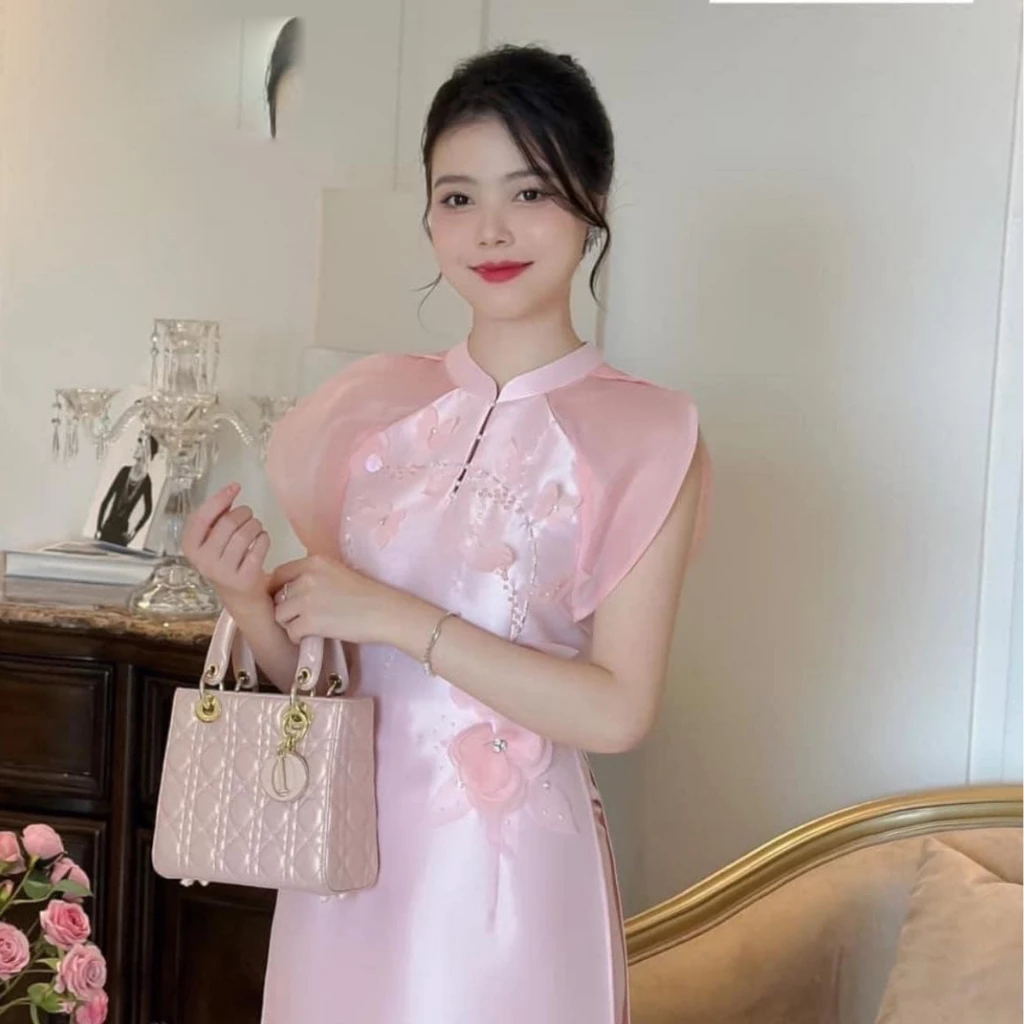 Áo dài cách tân nữ màu hồng cánh tiên CT01 có bigsize - Ảnh 5