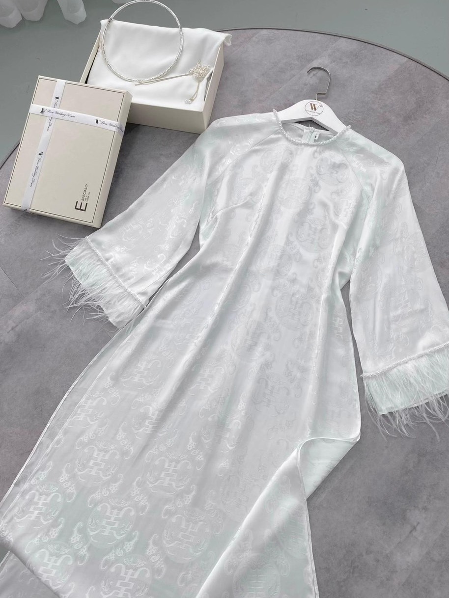 Áo Dài Gấm Lụa Thọ Dơi Bạch Liên Tay Lỡ Phối Lông Form Suông Hàng May Sẵn ADT03 - Ảnh 6