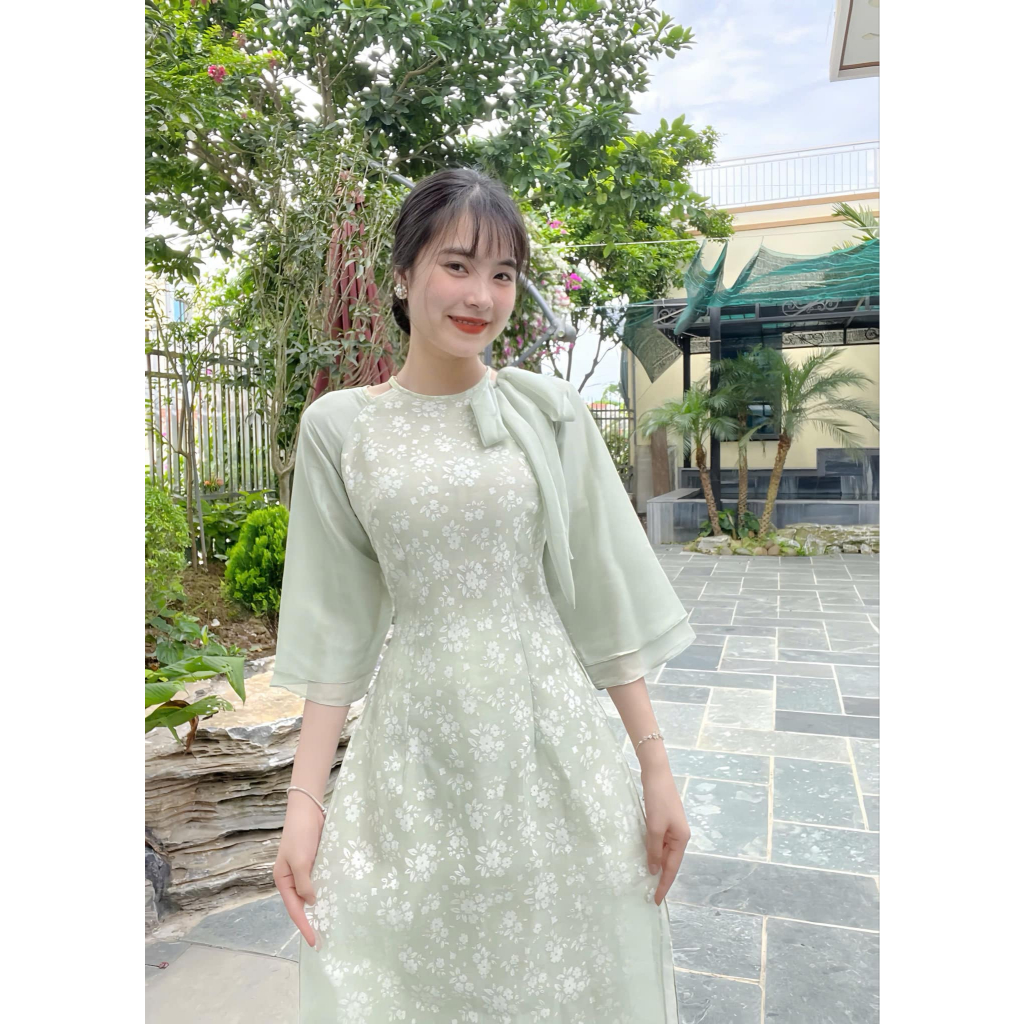 Áo dài cách tân nữ chất liệu tơ in hoa , tay phối 2 lớp cổ nơ tiểu thư ADT16 - Ảnh 6