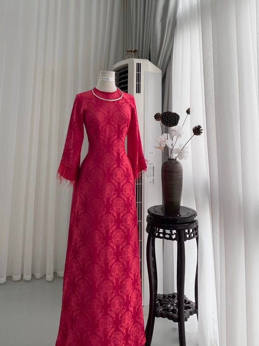 Áo Dài Gấm Lụa Thọ Dơi Bạch Liên Tay Lỡ Phối Lông Form Suông Hàng May Sẵn ADT03 - Ảnh 7