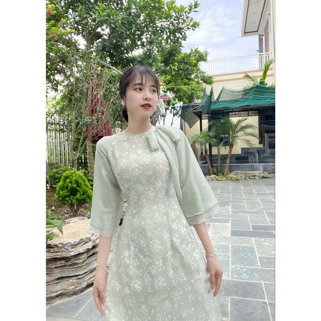 Áo dài cách tân nữ chất liệu tơ in hoa , tay phối 2 lớp cổ nơ tiểu thư ADT16 - Ảnh 7