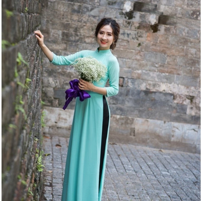 Áo Dài Truyền Thống - Áo Dài Trơn Chất Liệu Chiffon Màu Xanh Ngọc ADV12 - Ảnh 6