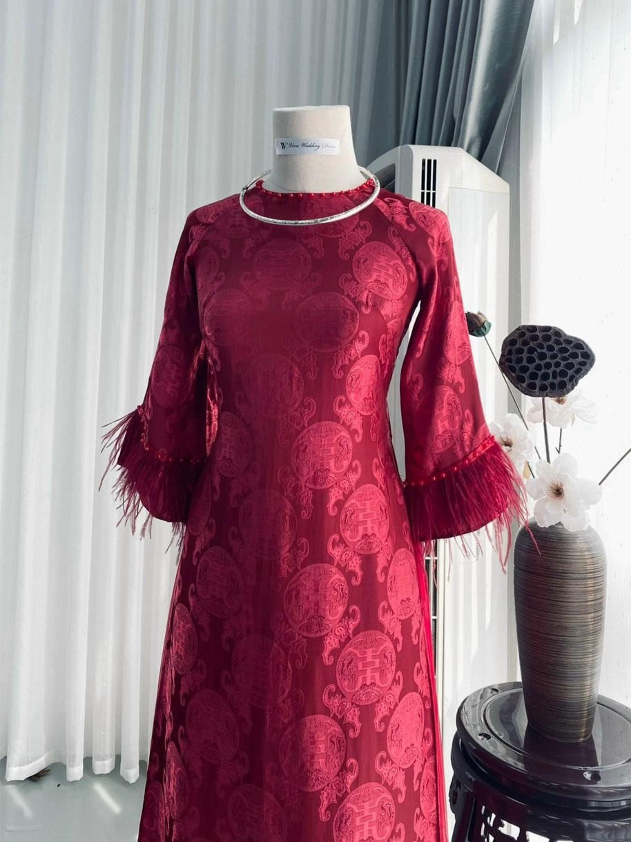 Áo Dài Gấm Lụa Thọ Dơi Bạch Liên Tay Lỡ Phối Lông Form Suông Hàng May Sẵn ADT03 - Ảnh 8