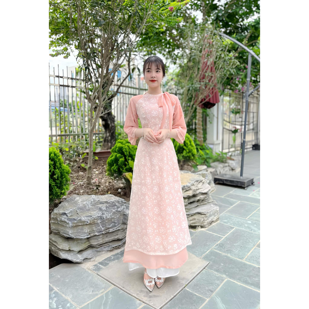 Áo dài cách tân nữ chất liệu tơ in hoa , tay phối 2 lớp cổ nơ tiểu thư ADT16 - Ảnh 8