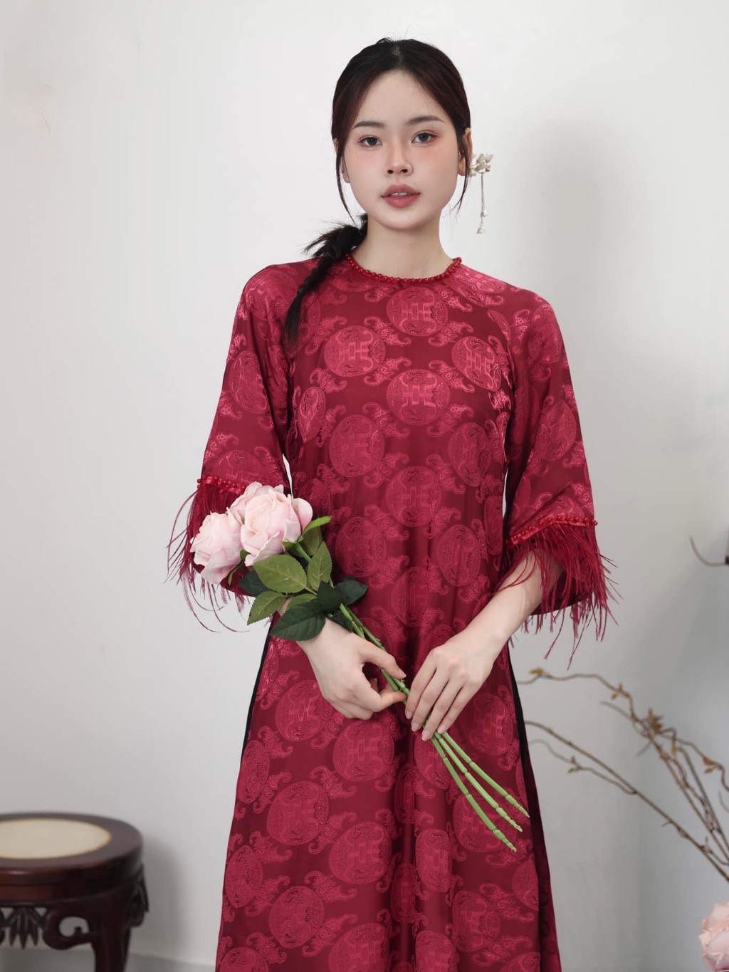 Áo Dài Gấm Lụa Thọ Dơi Bạch Liên Tay Lỡ Phối Lông Form Suông Hàng May Sẵn ADT03 - Ảnh 9