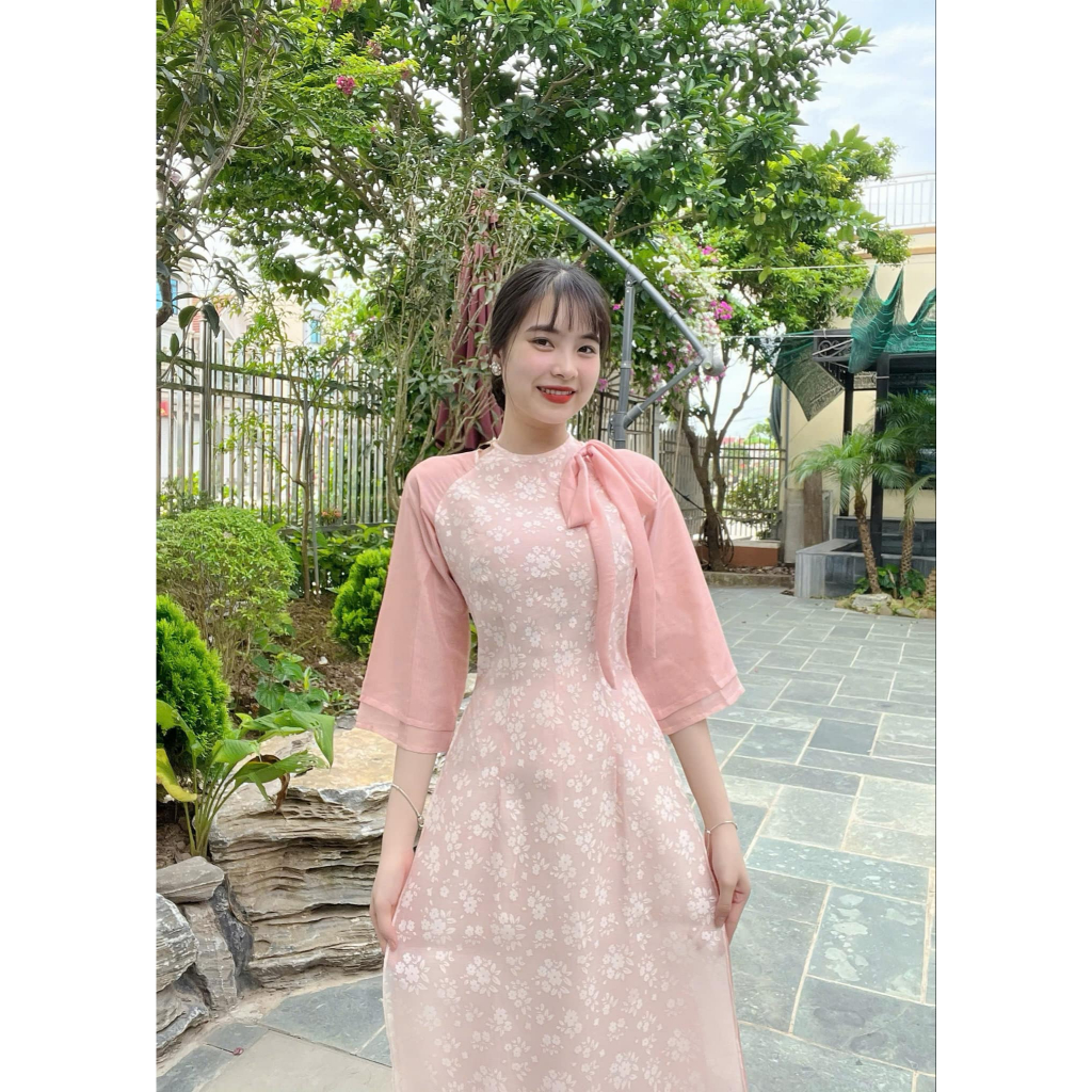 Áo dài cách tân nữ chất liệu tơ in hoa , tay phối 2 lớp cổ nơ tiểu thư ADT16 - Ảnh 9