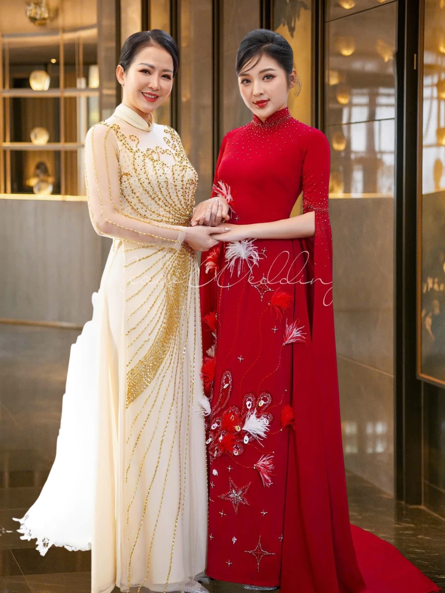 Áo dài bà sui cao cấp màu kem vàng sang trọng bigsize Áo dài ngồi sui đẹp cho mẹ trẻ ADM13