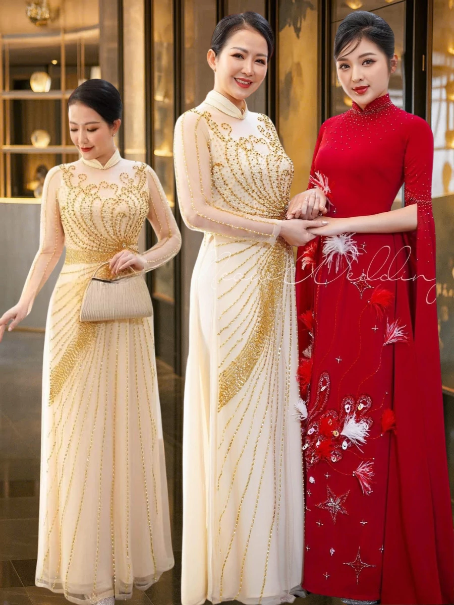 Áo dài bà sui cao cấp màu kem vàng sang trọng bigsize Áo dài ngồi sui đẹp cho mẹ trẻ ADM13 - Ảnh 2