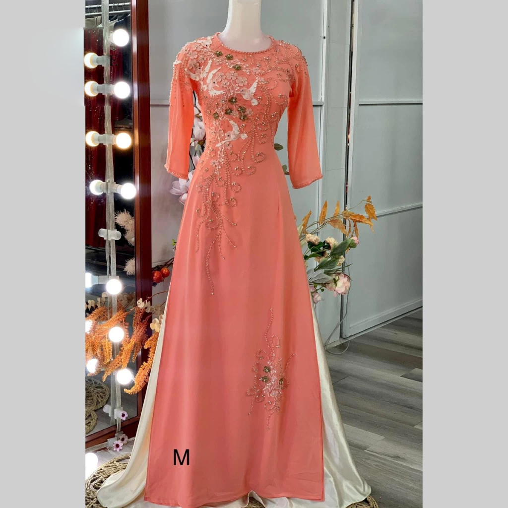 Áo dài cho me ngồi tiệc cao cấp - Quà tặng áo dài cho mẹ cao cấp màu hồng nhạt ADC05 - Ảnh 4