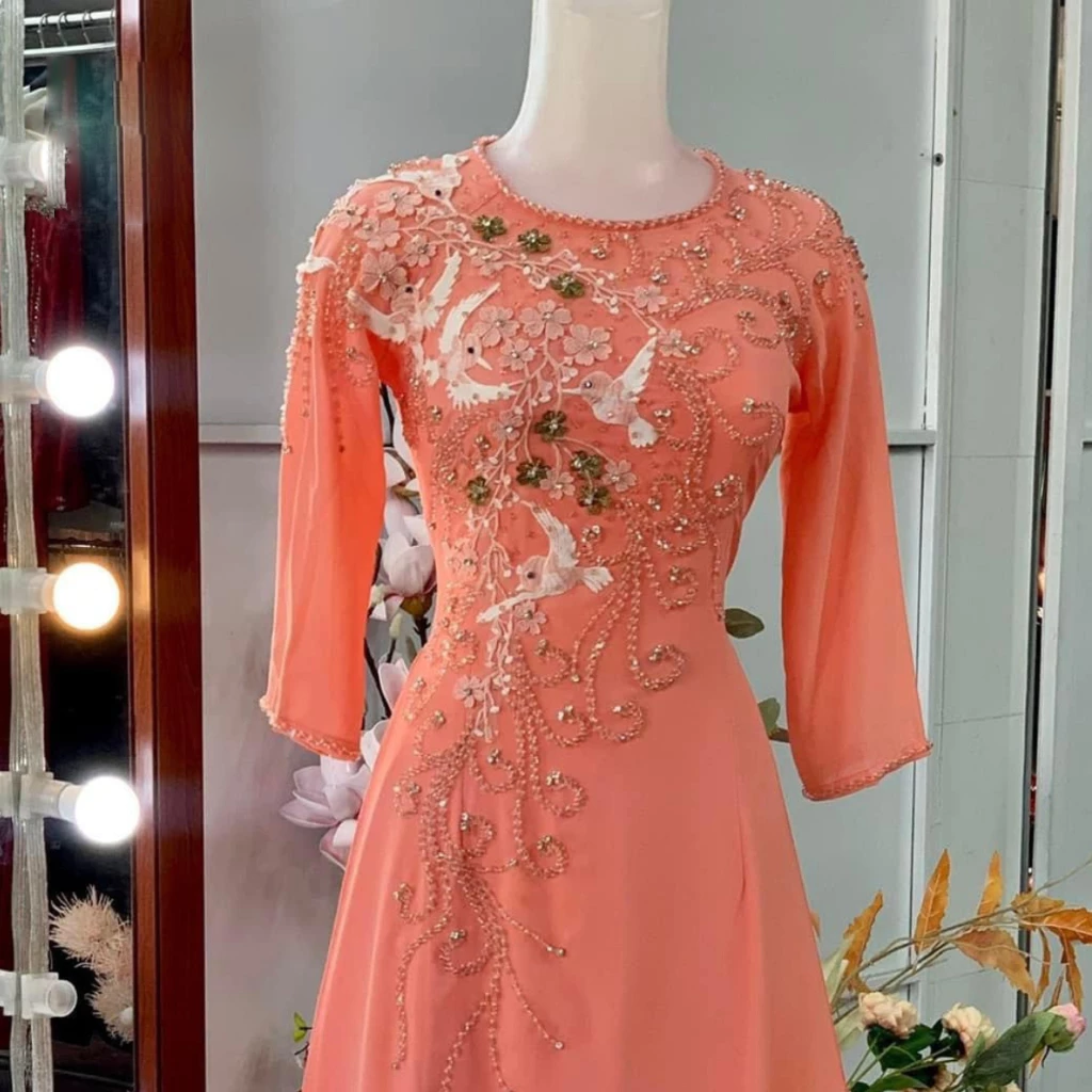 Áo dài cho me ngồi tiệc cao cấp - Quà tặng áo dài cho mẹ cao cấp màu hồng nhạt ADC05 - Ảnh 5