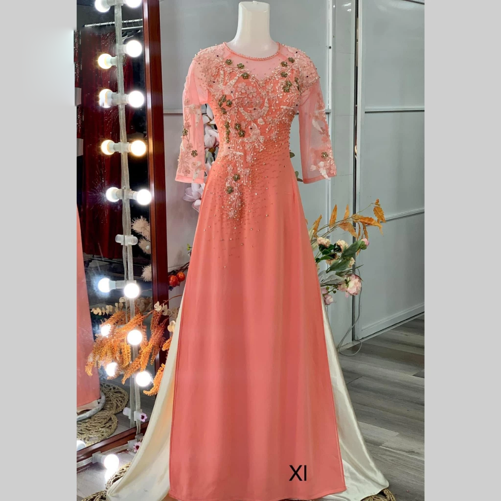 Áo dài cho me ngồi tiệc cao cấp - Quà tặng áo dài cho mẹ cao cấp màu hồng nhạt ADC05 - Ảnh 6