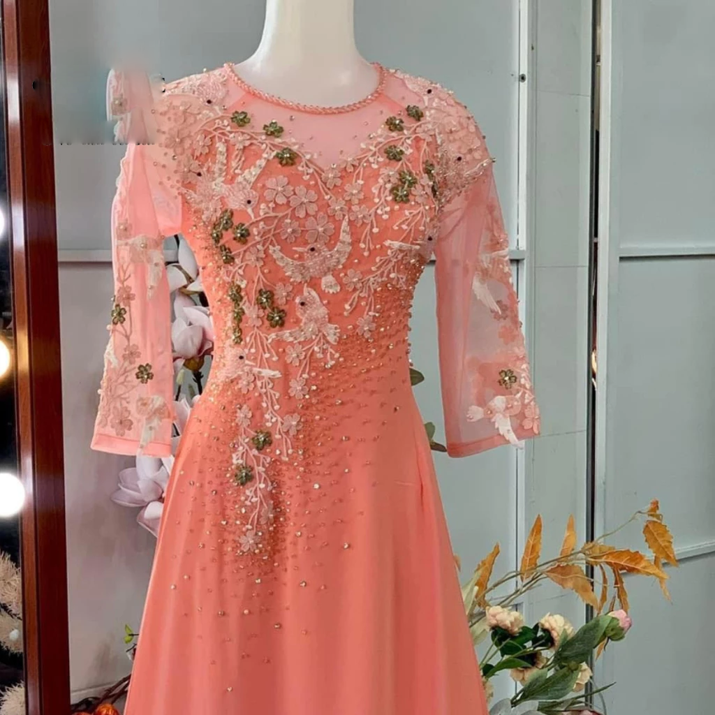 Áo dài cho me ngồi tiệc cao cấp - Quà tặng áo dài cho mẹ cao cấp màu hồng nhạt ADC05 - Ảnh 7