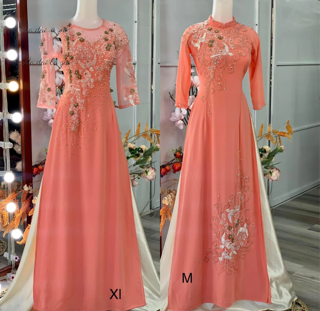 Áo dài cho me ngồi tiệc cao cấp - Quà tặng áo dài cho mẹ cao cấp màu hồng nhạt ADC05 - Ảnh 8