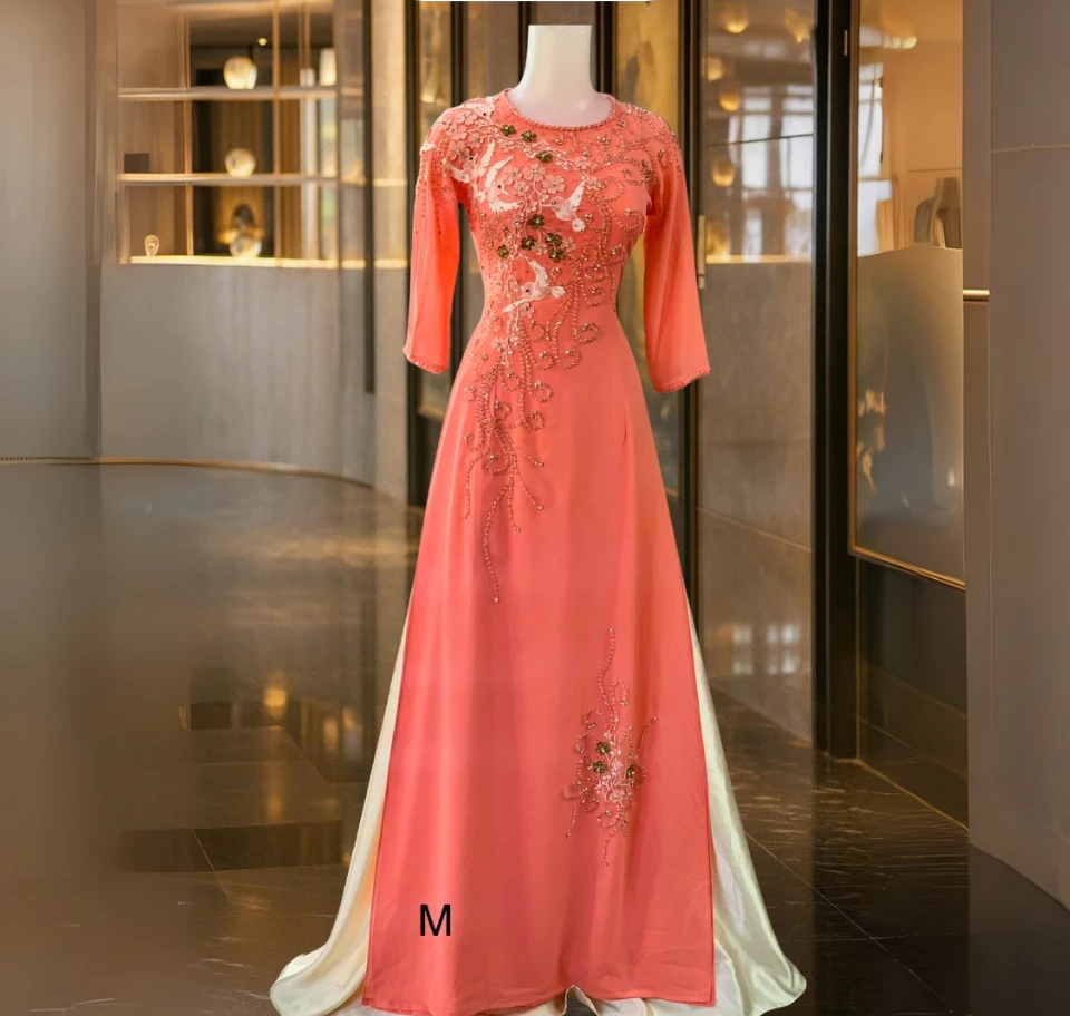 Áo dài cho me ngồi tiệc cao cấp - Quà tặng áo dài cho mẹ cao cấp màu hồng nhạt ADC05 - Ảnh 10