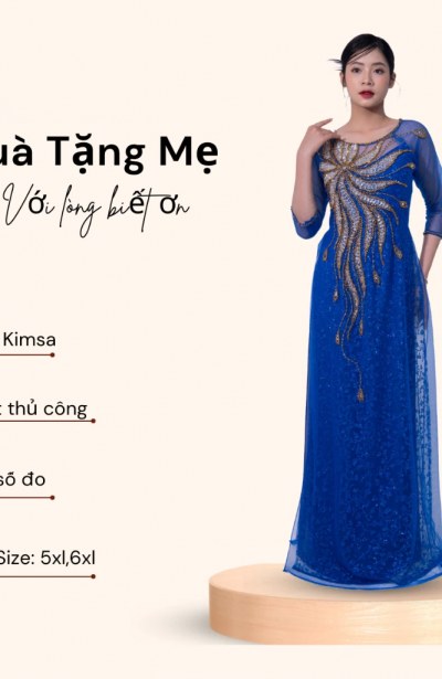 Áo dài bà sui cao cấp - Áo dài kimsa màu xanh coban dành cho các mẹ ngồi sui ADK02