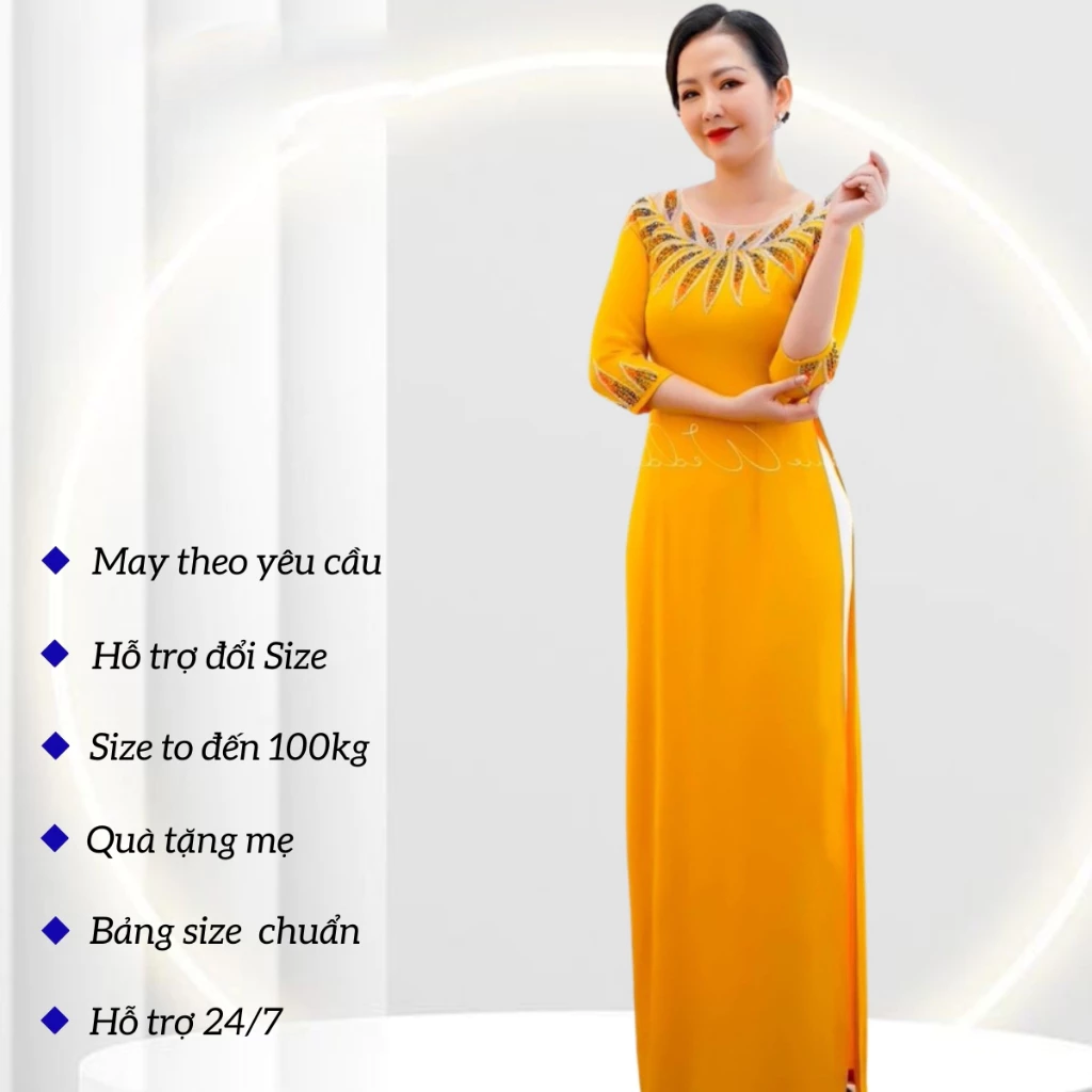 Áo dài mẹ cô dâu chú rể chất liệu lụa mỹ màu vàng đồng trẻ trung ADL110 có bigsize - Ảnh 5