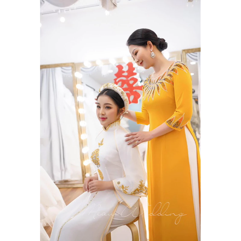 Áo dài mẹ cô dâu chú rể chất liệu lụa mỹ màu vàng đồng trẻ trung ADL110 có bigsize - Ảnh 6