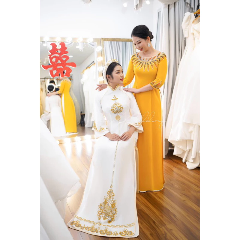 Áo dài mẹ cô dâu chú rể chất liệu lụa mỹ màu vàng đồng trẻ trung ADL110 có bigsize - Ảnh 7