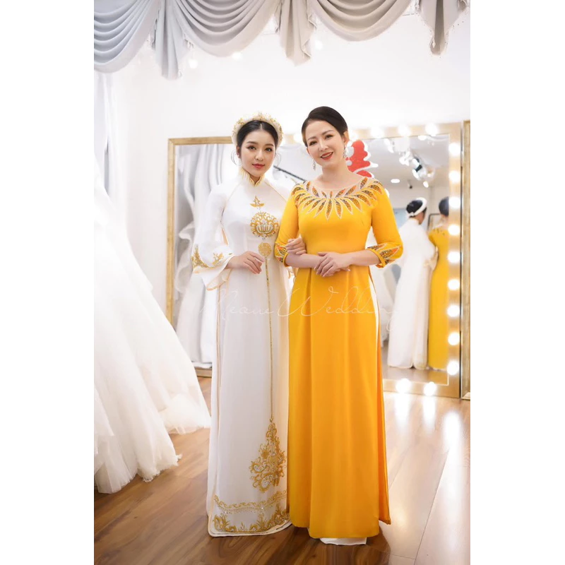 Áo dài mẹ cô dâu chú rể chất liệu lụa mỹ màu vàng đồng trẻ trung ADL110 có bigsize - Ảnh 8