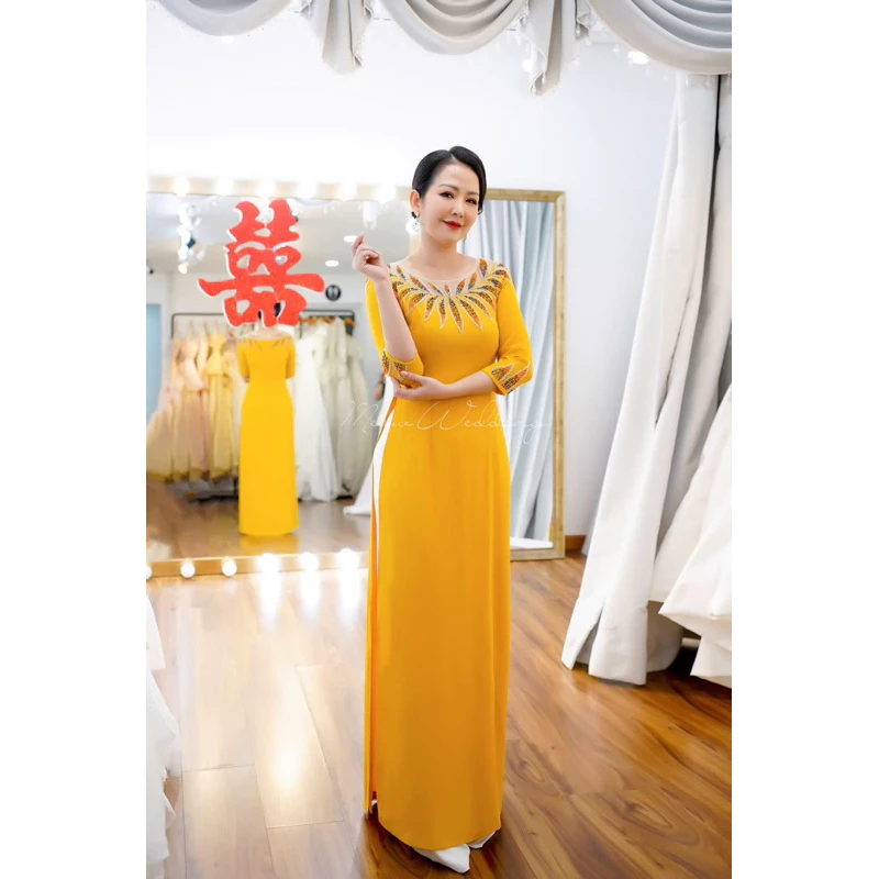 Áo dài mẹ cô dâu chú rể chất liệu lụa mỹ màu vàng đồng trẻ trung ADL110 có bigsize - Ảnh 9