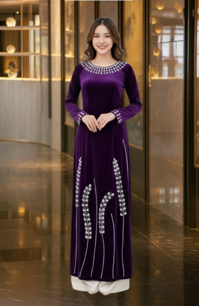 Áo dài bà sui màu tím chất liệu nhung tuyết cao cấp đính đá thủ công ADM01-1