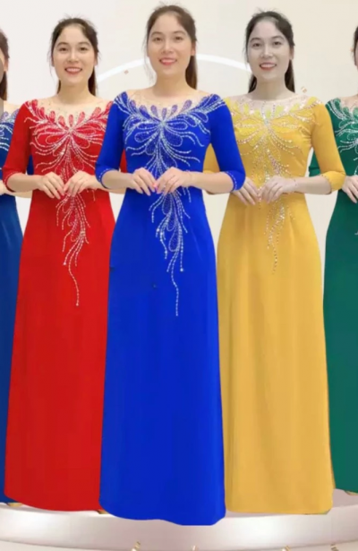 Áo dài bà sui chất liệu lụa Mỹ đính kết hạt thủ công sang trọng Trơn Thông thường Váy chữ A Thông thường ADM05