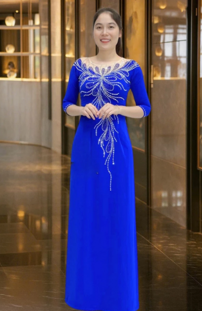 Áo dài bà sui màu xanh coban đính kết thủ công ADM05CB