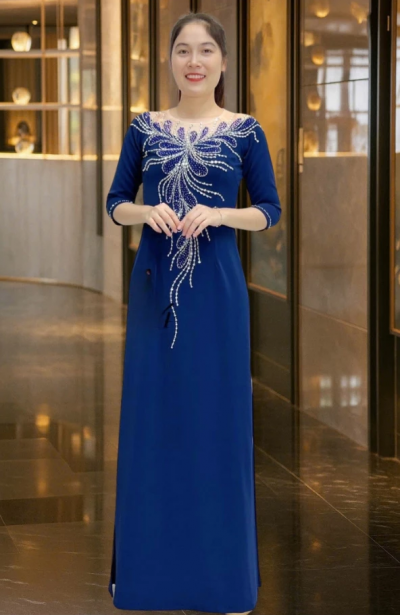 Áo dài bà sui màu xanh than đính kết thủ công ADM05T