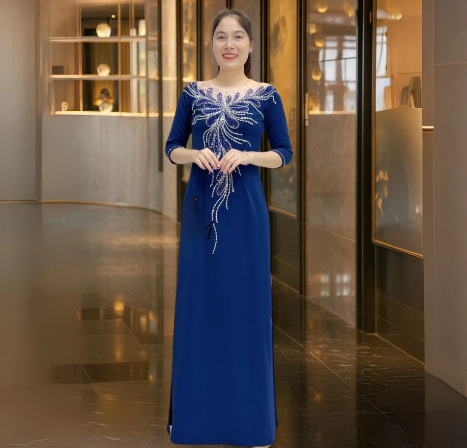 Áo dài bà sui màu xanh than đính kết thủ công ADM05T