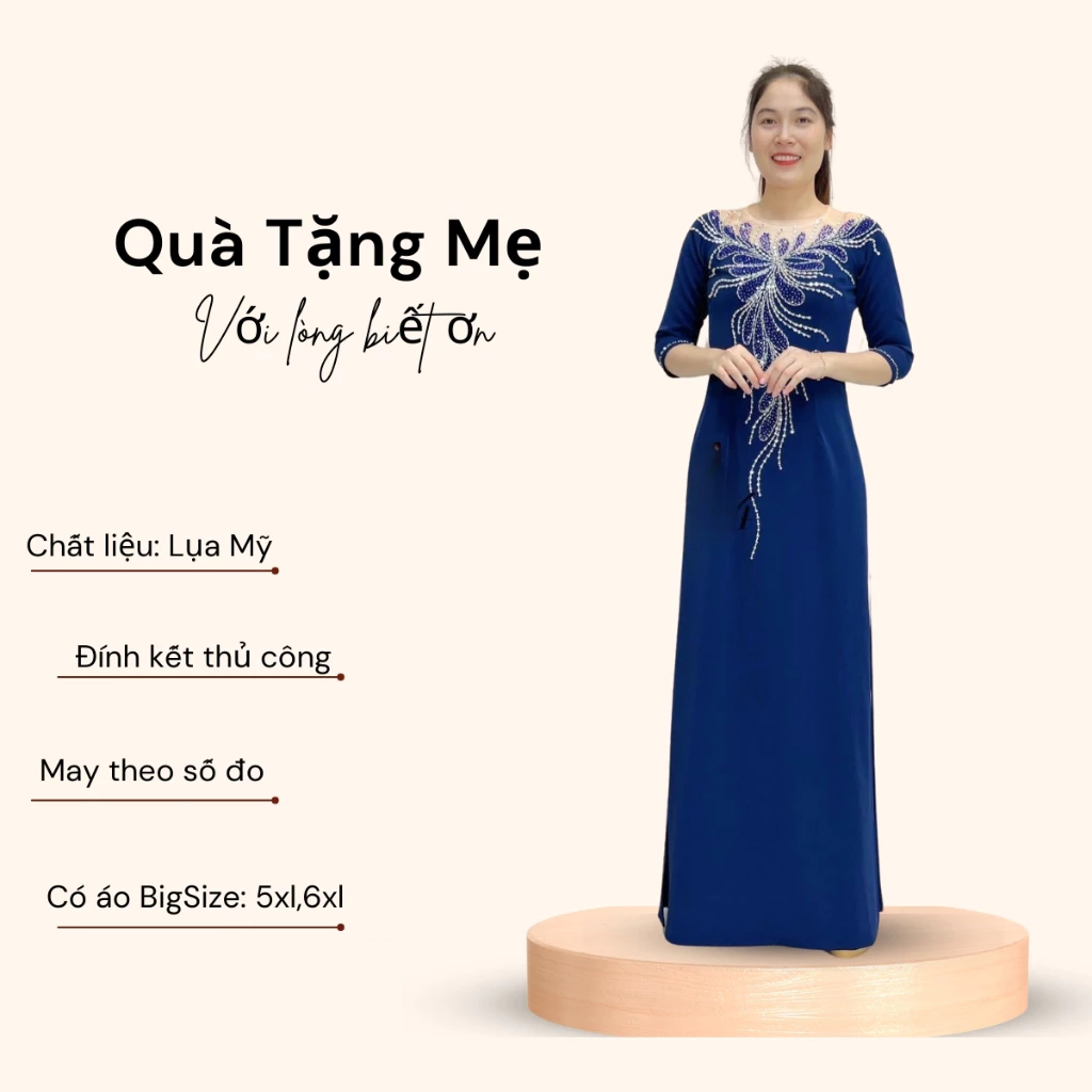 Áo dài bà sui màu xanh than đính kết thủ công ADM05T - Ảnh 3