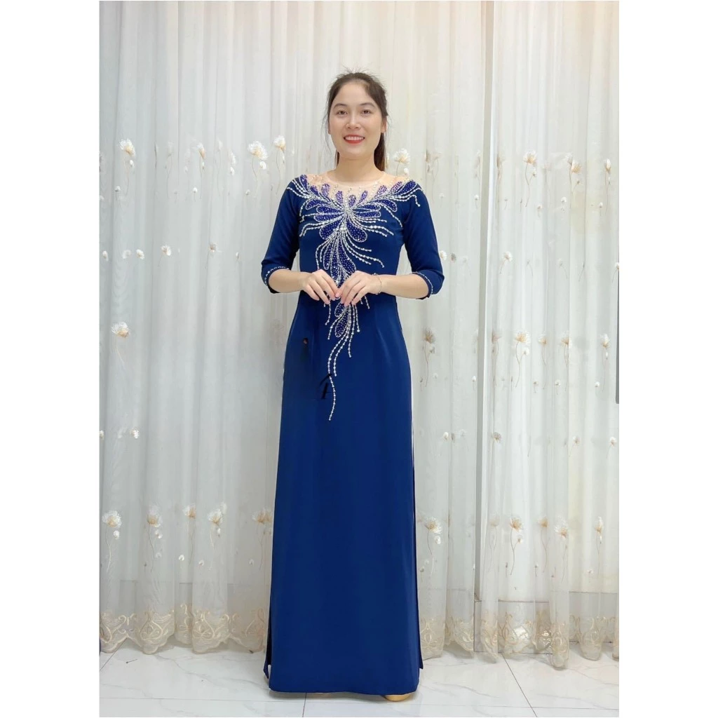 Áo dài bà sui màu xanh than đính kết thủ công ADM05T - Ảnh 5