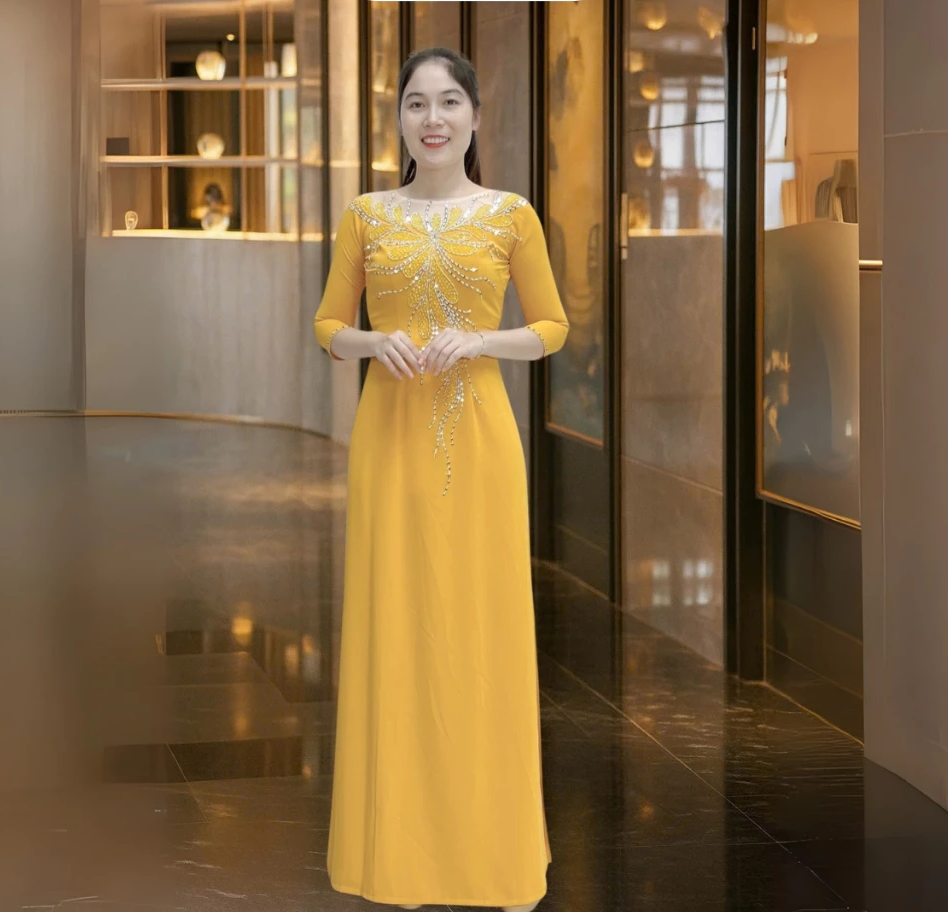 Áo dài bà sui màu vàng chất liệu lụa đính kết thủ công ADM05V