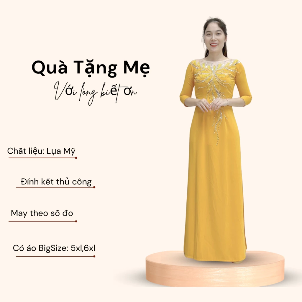 Áo dài bà sui màu vàng chất liệu lụa đính kết thủ công ADM05V - Ảnh 3