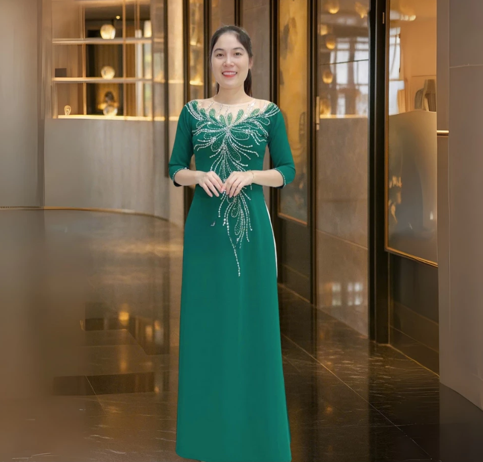 Áo dài bà sui màu xanh lá cao cấp ADM05X - Ảnh 2