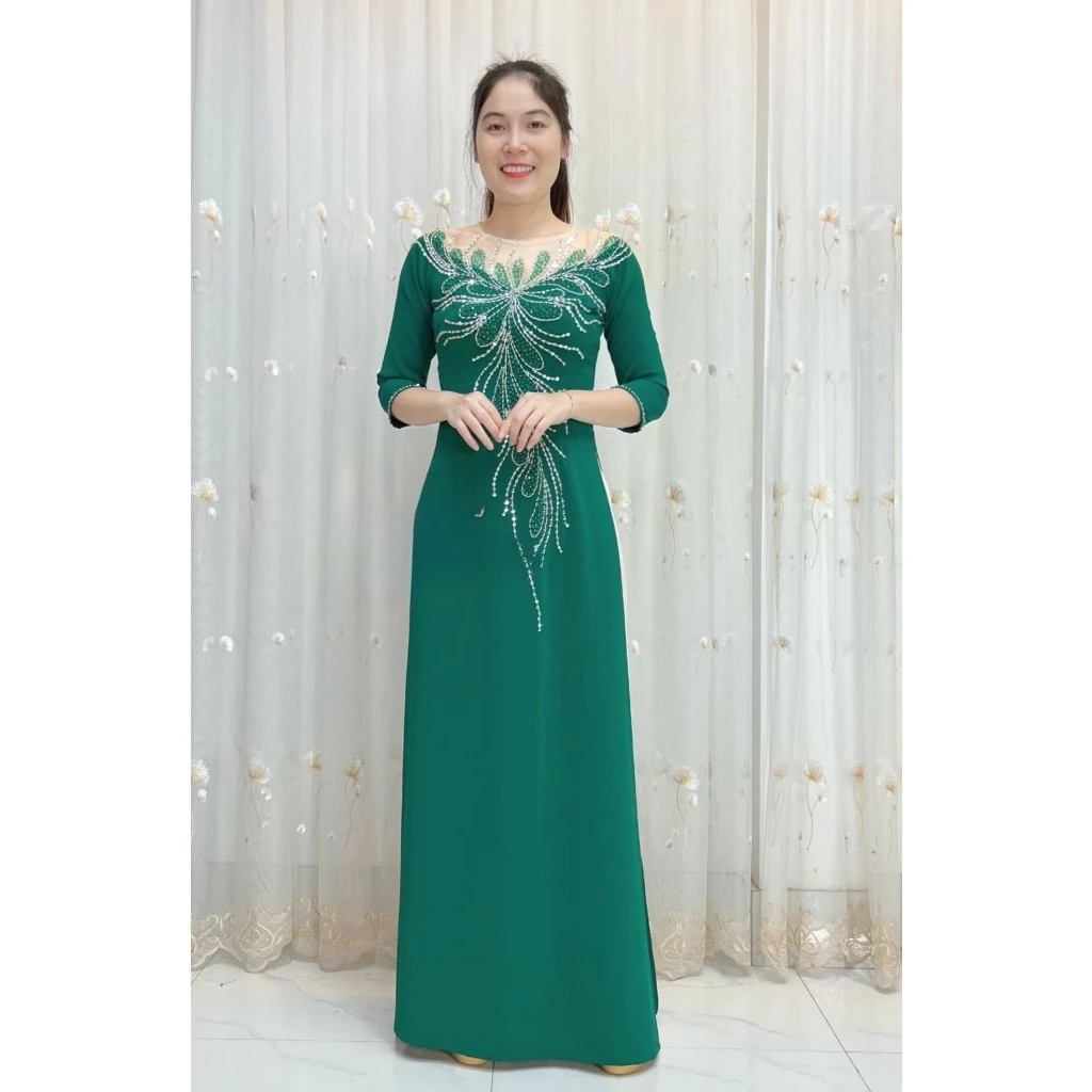 Áo dài bà sui màu xanh lá cao cấp ADM05X - Ảnh 4
