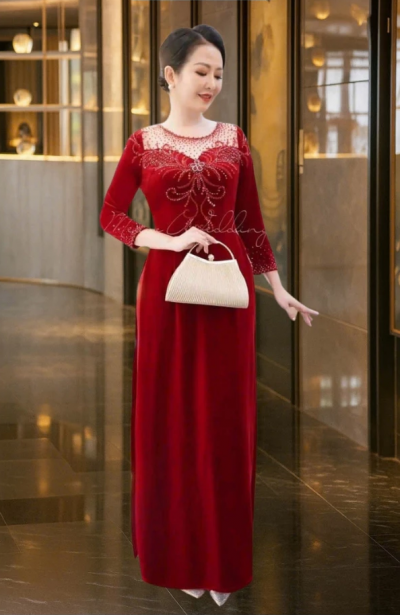 Áo dài đám hỏi dành cho các mẹ ngồi sui gia đẹp chất liệu nhung cao cấp có bigsize ADM06