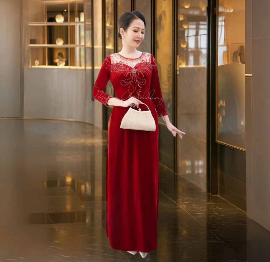 Áo dài đám hỏi dành cho các mẹ ngồi sui gia đẹp chất liệu nhung cao cấp có bigsize ADM06