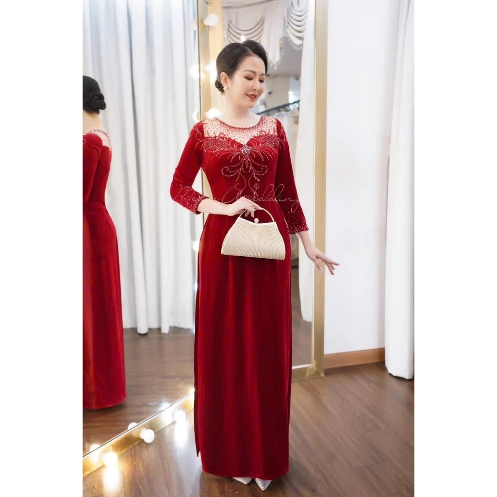 Áo dài đám hỏi dành cho các mẹ ngồi sui gia đẹp chất liệu nhung cao cấp có bigsize ADM06 - Ảnh 2