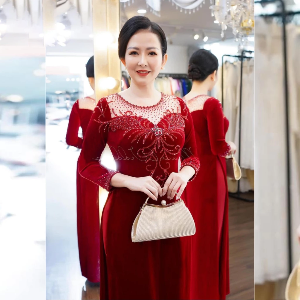 Áo dài đám hỏi dành cho các mẹ ngồi sui gia đẹp chất liệu nhung cao cấp có bigsize ADM06 - Ảnh 3